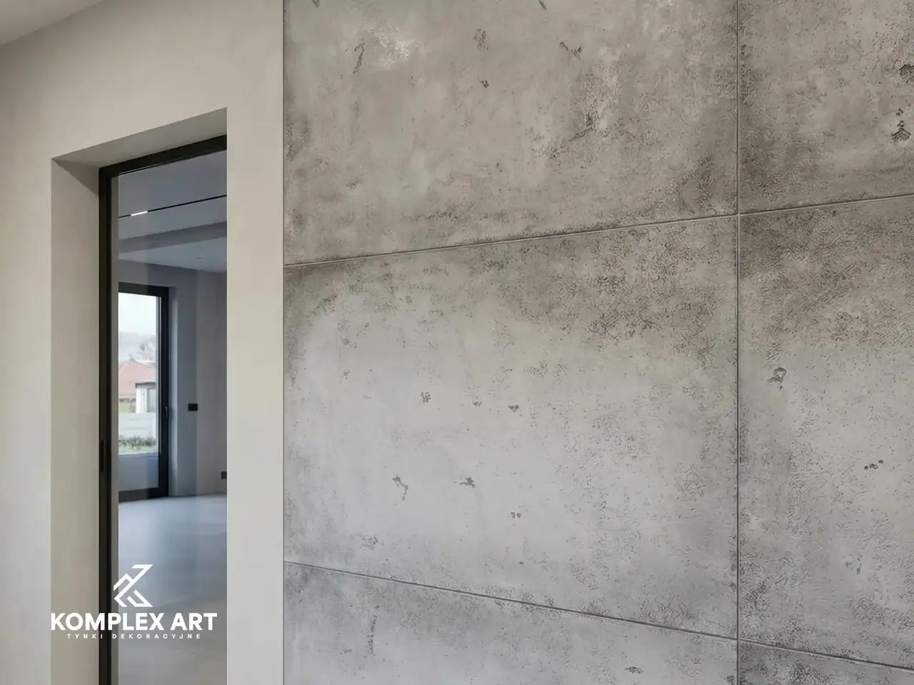 Beton z podziałami na ścianie wnętrza, realizacja Komplex Art
